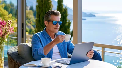 Man Working on Laptop While Drinking Coffee on Balcony