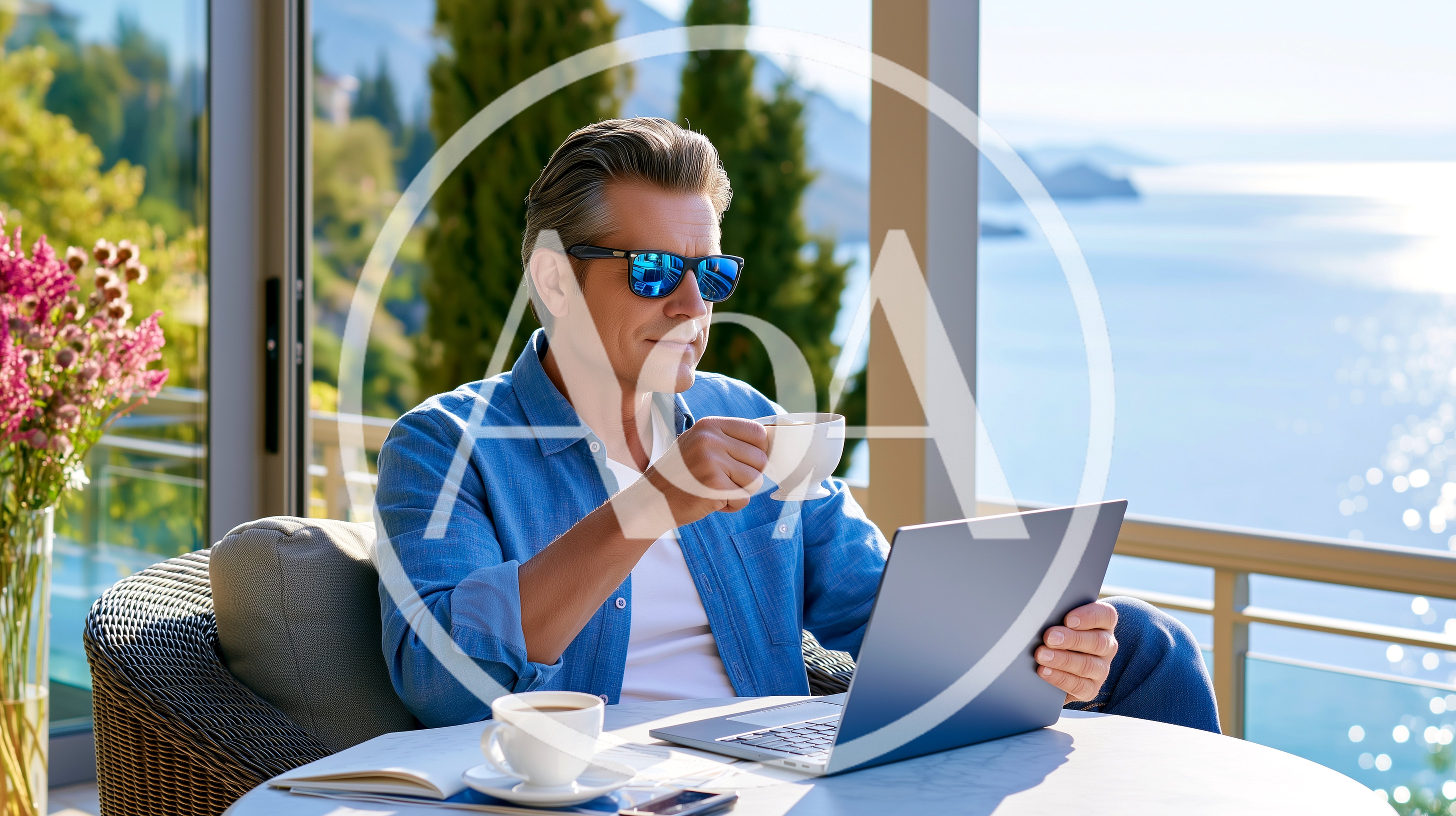 Man Working on Laptop While Drinking Coffee on Balcony