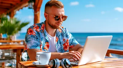 Man Working On Laptop At Beachside Cafe