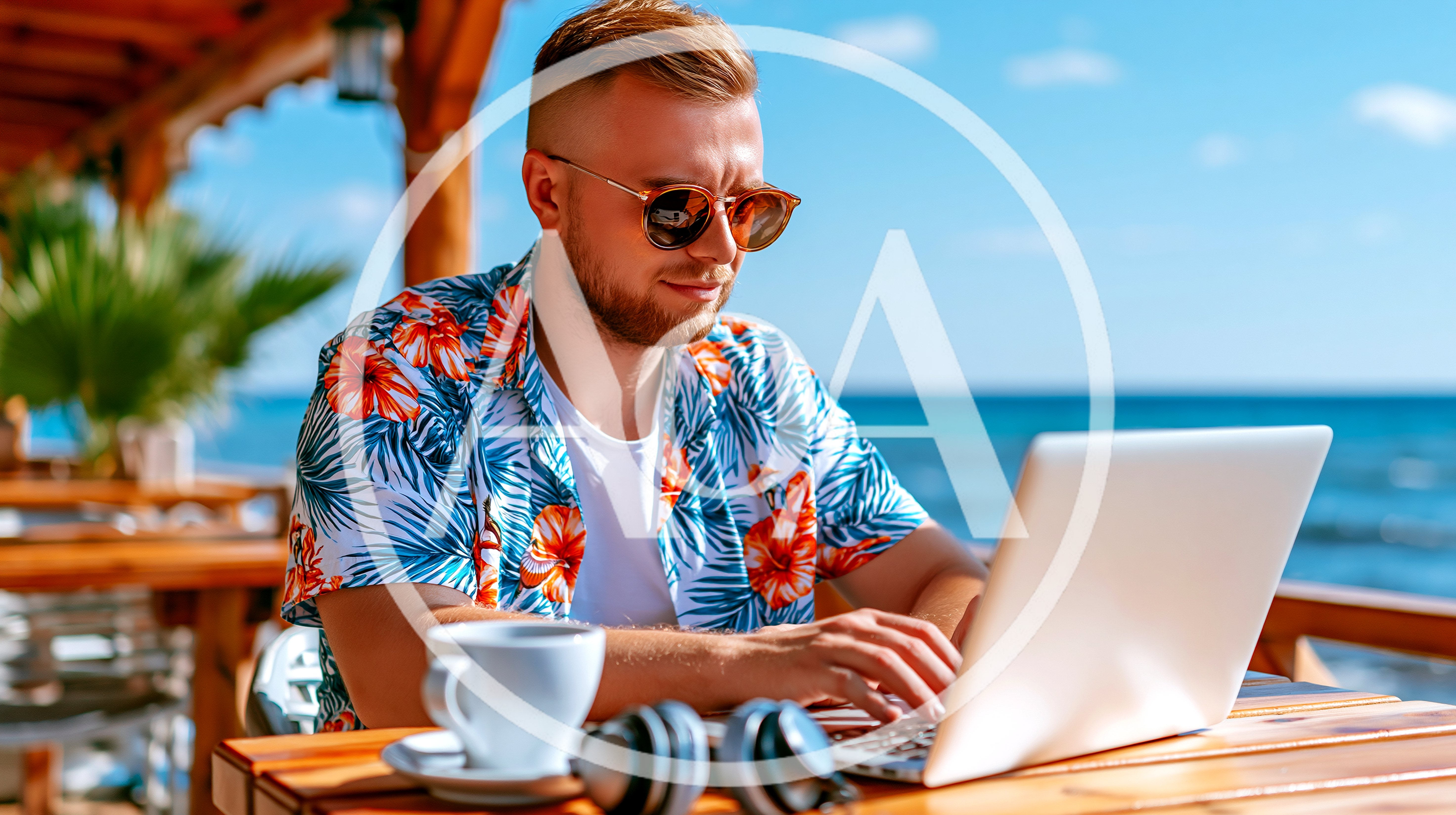 Man Working On Laptop At Beachside Cafe