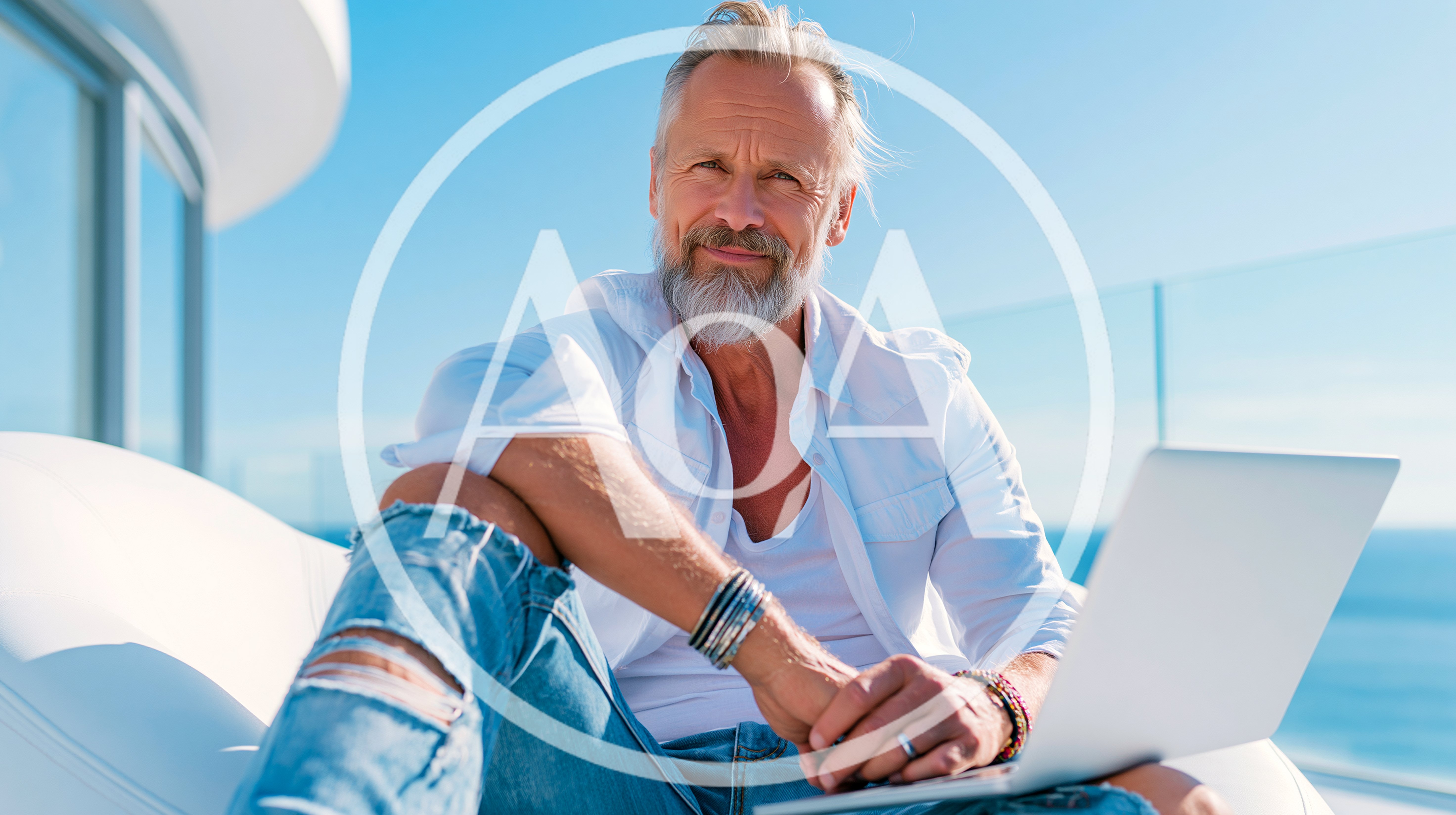 Mature Man Working On Laptop On Sunny Balcony