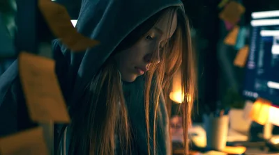 Young Woman Wearing Hoodie Working Late At Computer
