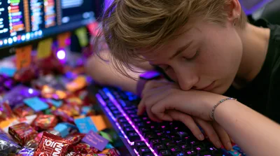 Exhausted Young Gamer Sleeping On Illuminated Keyboard