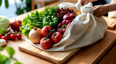 Fresh Vegetables In A Cloth Bag On A Wooden Board