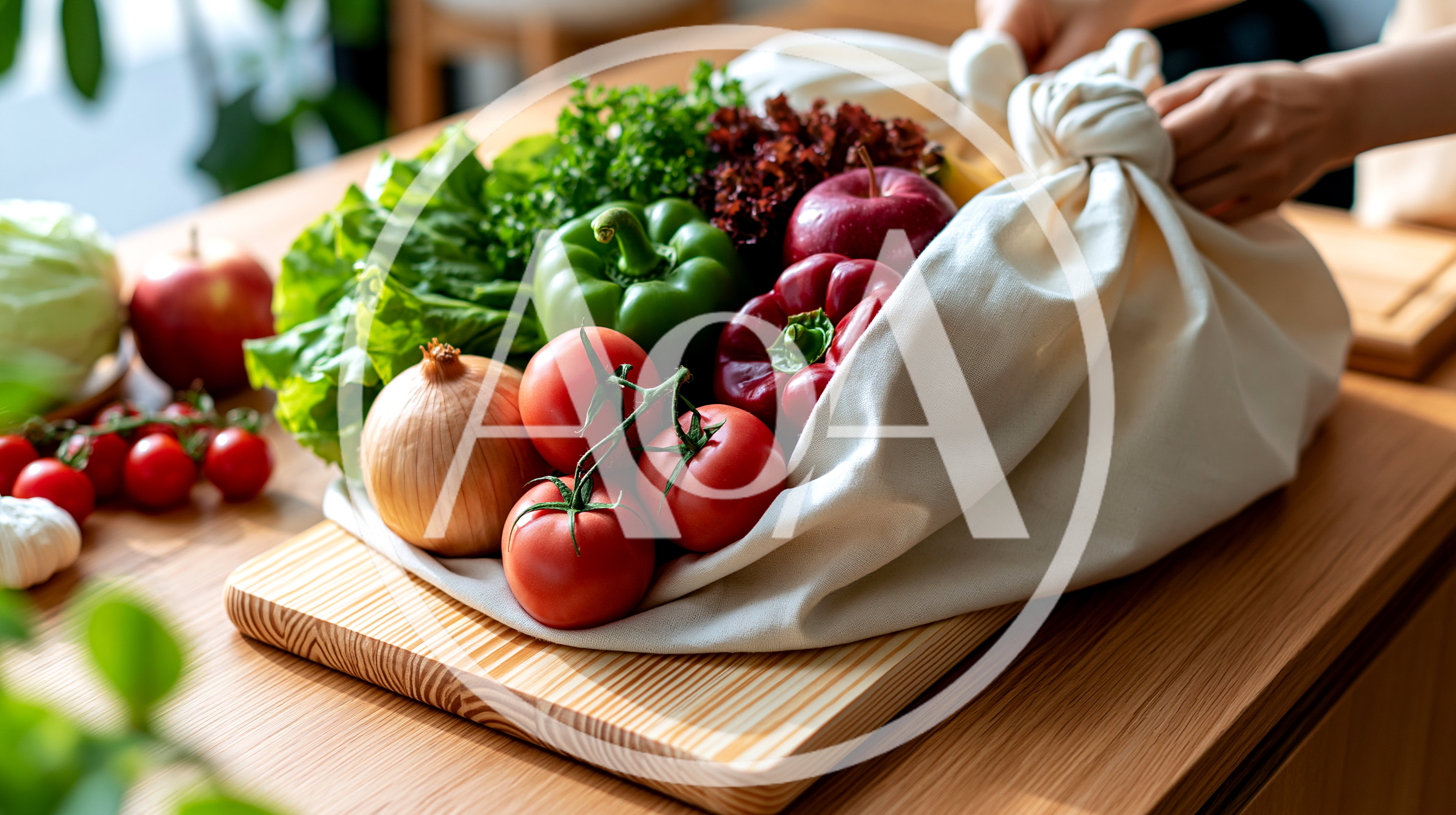Fresh Vegetables In A Cloth Bag On A Wooden Board