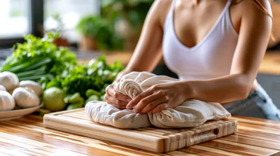 Woman Squeezing Liquid From Cheesecloth On Wooden Board