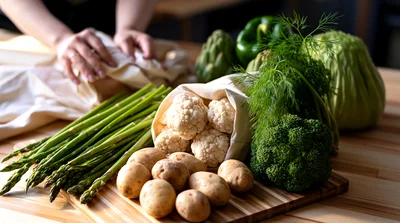 Person Preparing Fresh Organic Vegetables On Wooden Table
