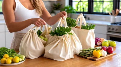 Woman Organizing Fresh Produce In Reusable Cotton Bags