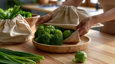 Person Covering Fresh Broccoli With Reusable Fabric Bag