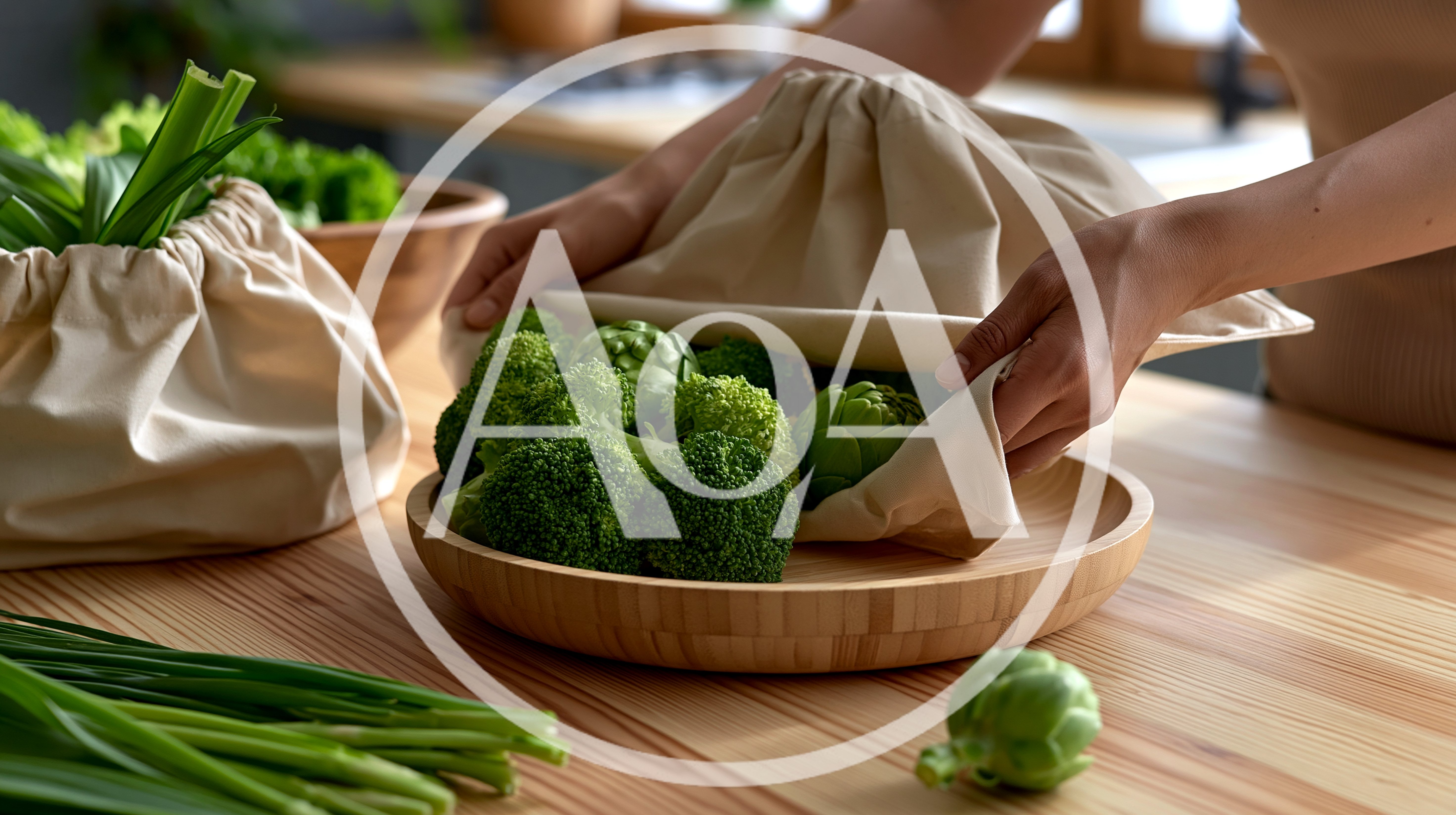 Person Covering Fresh Broccoli With Reusable Fabric Bag