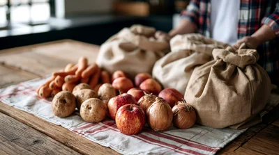 Person Organizing Fresh Produce In Burlap Bags