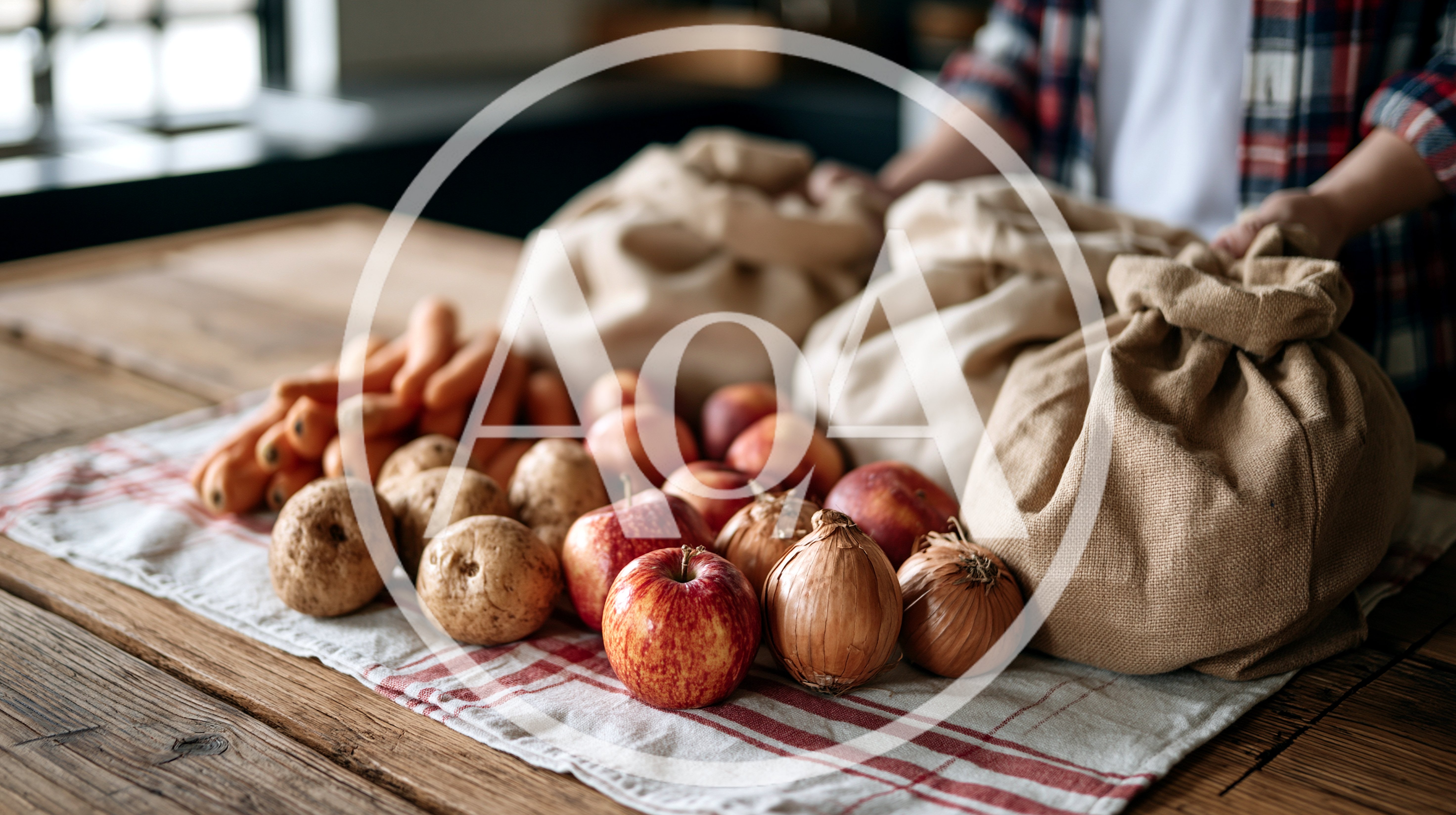 Person Organizing Fresh Produce In Burlap Bags