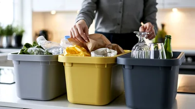 Person Sorting Household Waste Into Recycling Bins