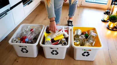 Person Sorting Household Waste Into Recycling Bins