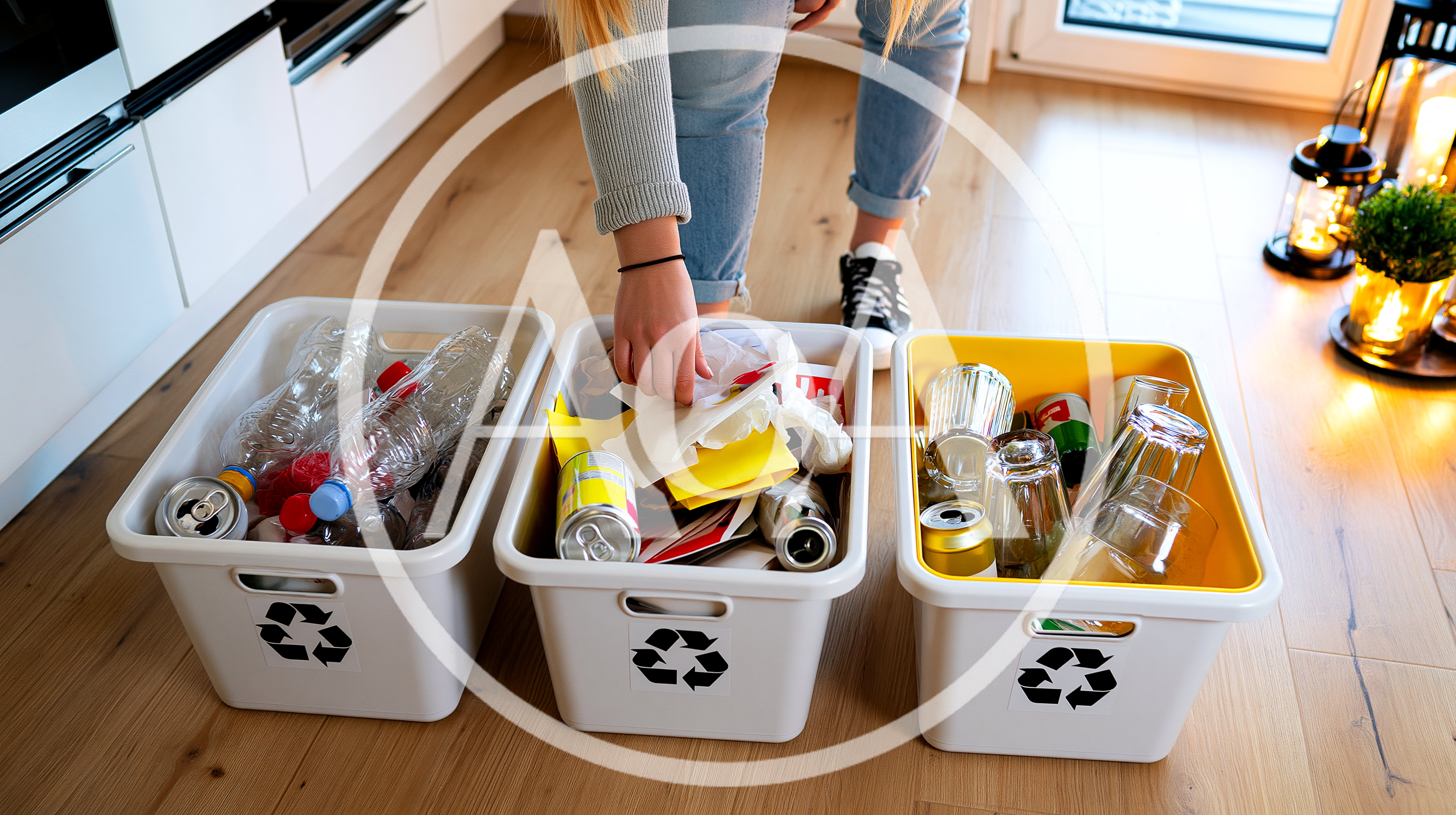 Person Sorting Household Waste Into Recycling Bins