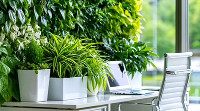 Modern Office Desk With Lush Green Living Wall