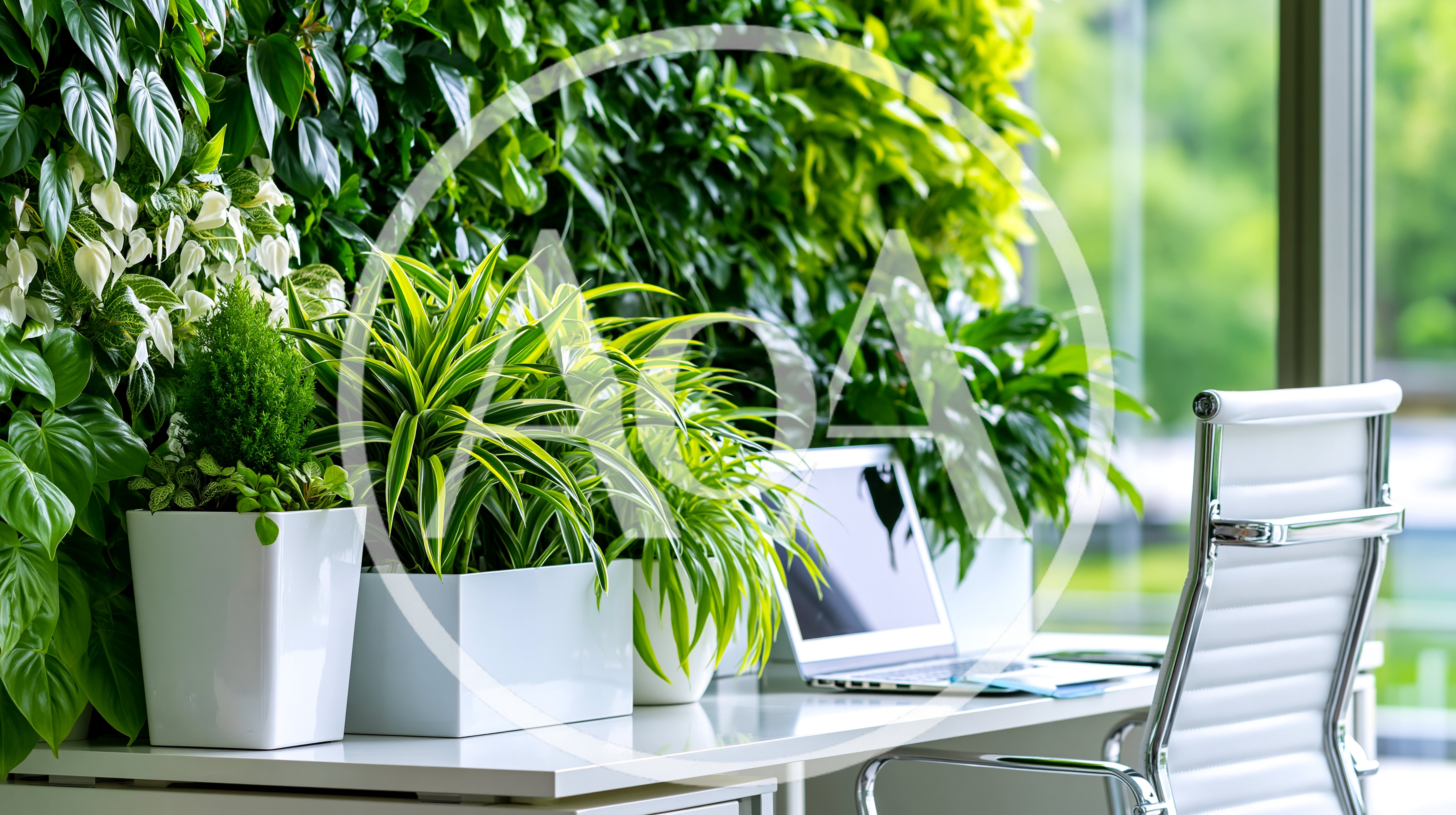 Modern Office Desk With Lush Green Living Wall