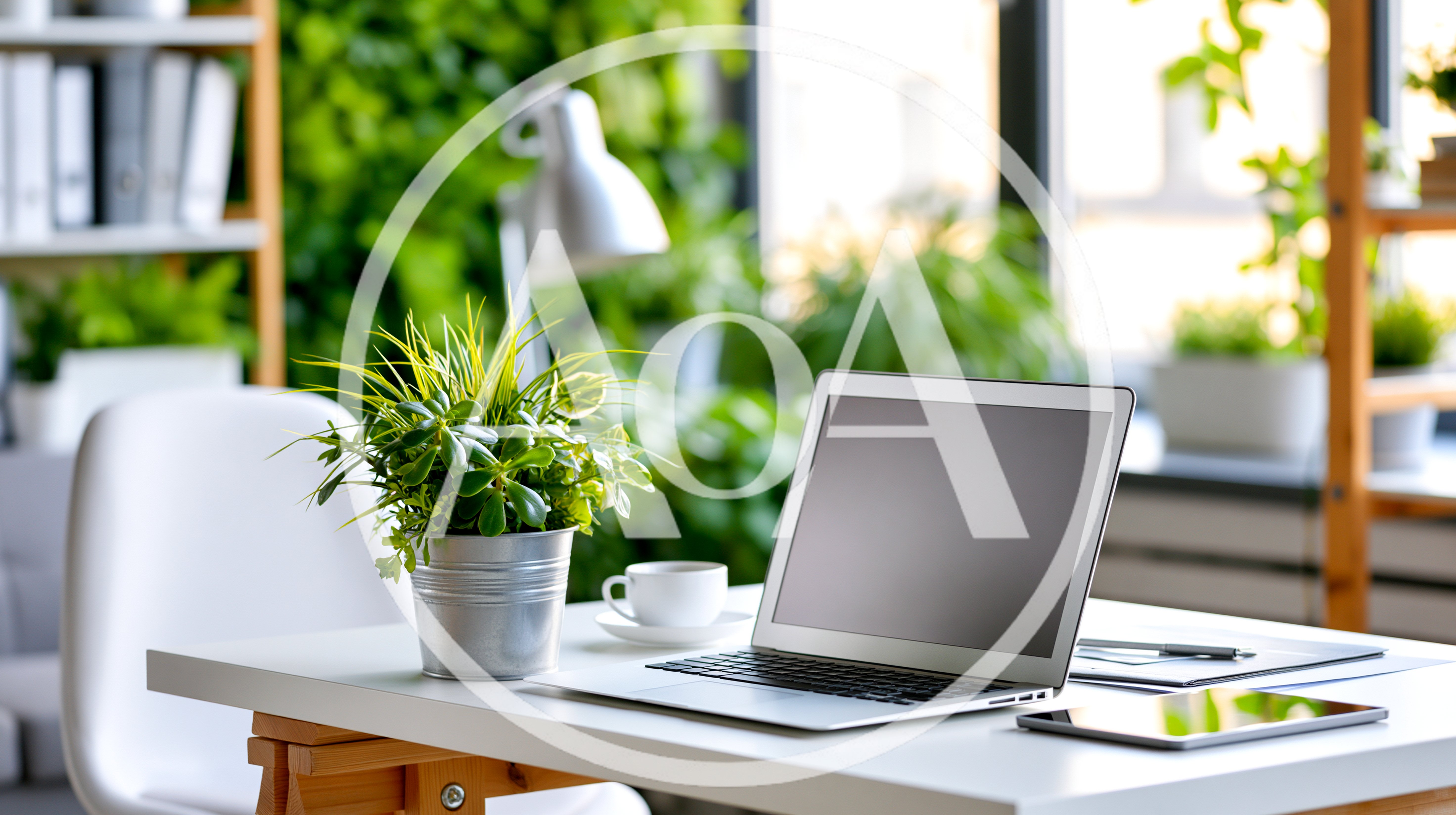 Modern Home Office Desk With Laptop And Potted Plant