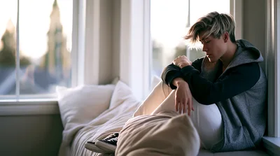 Sad Young Man Sitting Alone By A Window