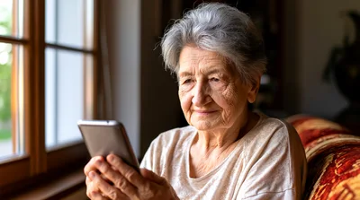 Elderly Woman Using Smartphone Near Window