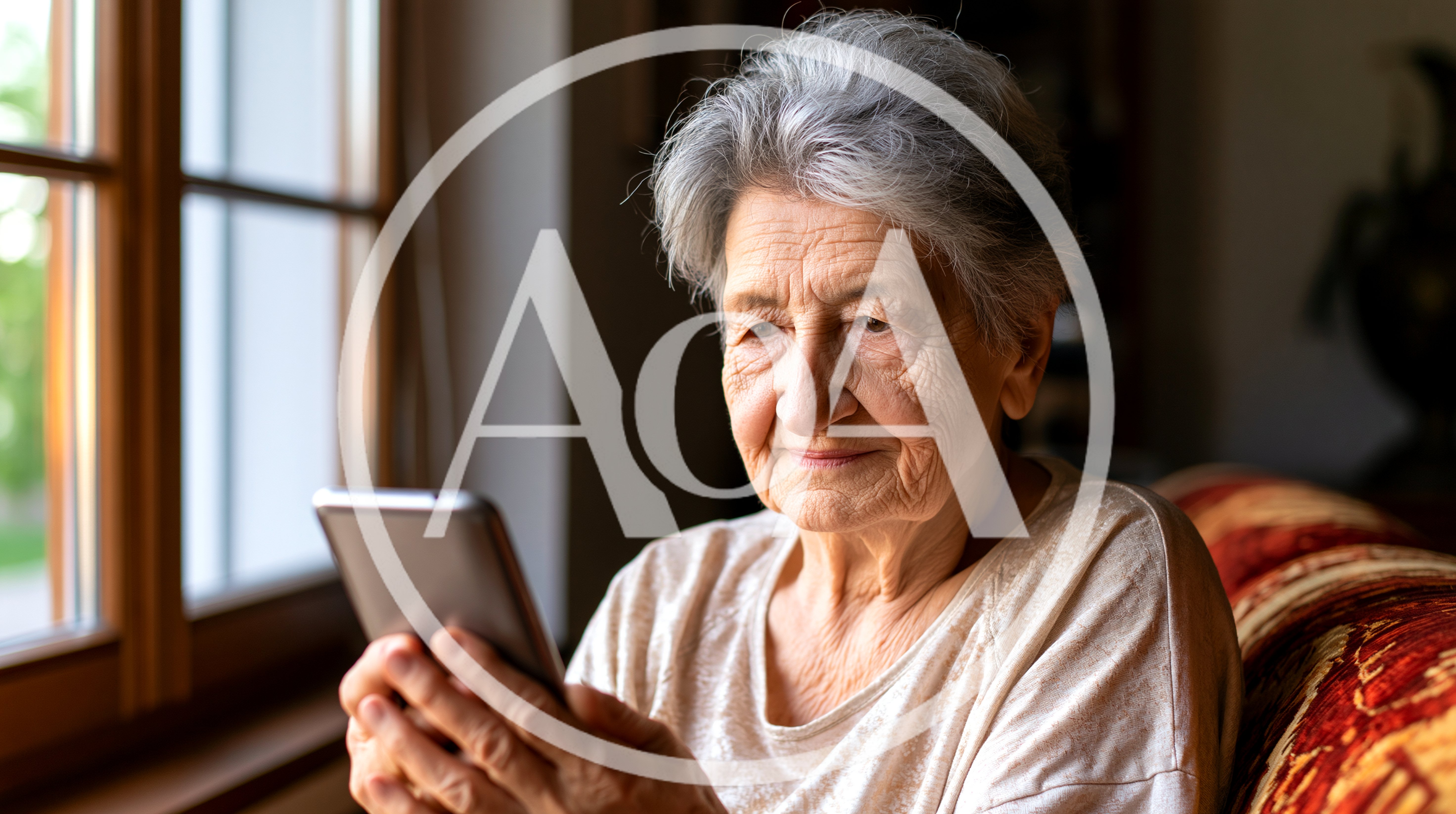 Elderly Woman Using Smartphone Near Window