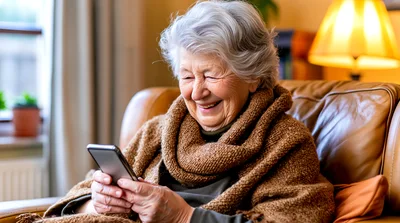 Elderly Woman Smiling While Using Her Smartphone