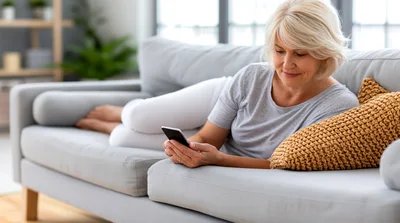 Senior Woman Relaxing On Sofa Using Smartphone