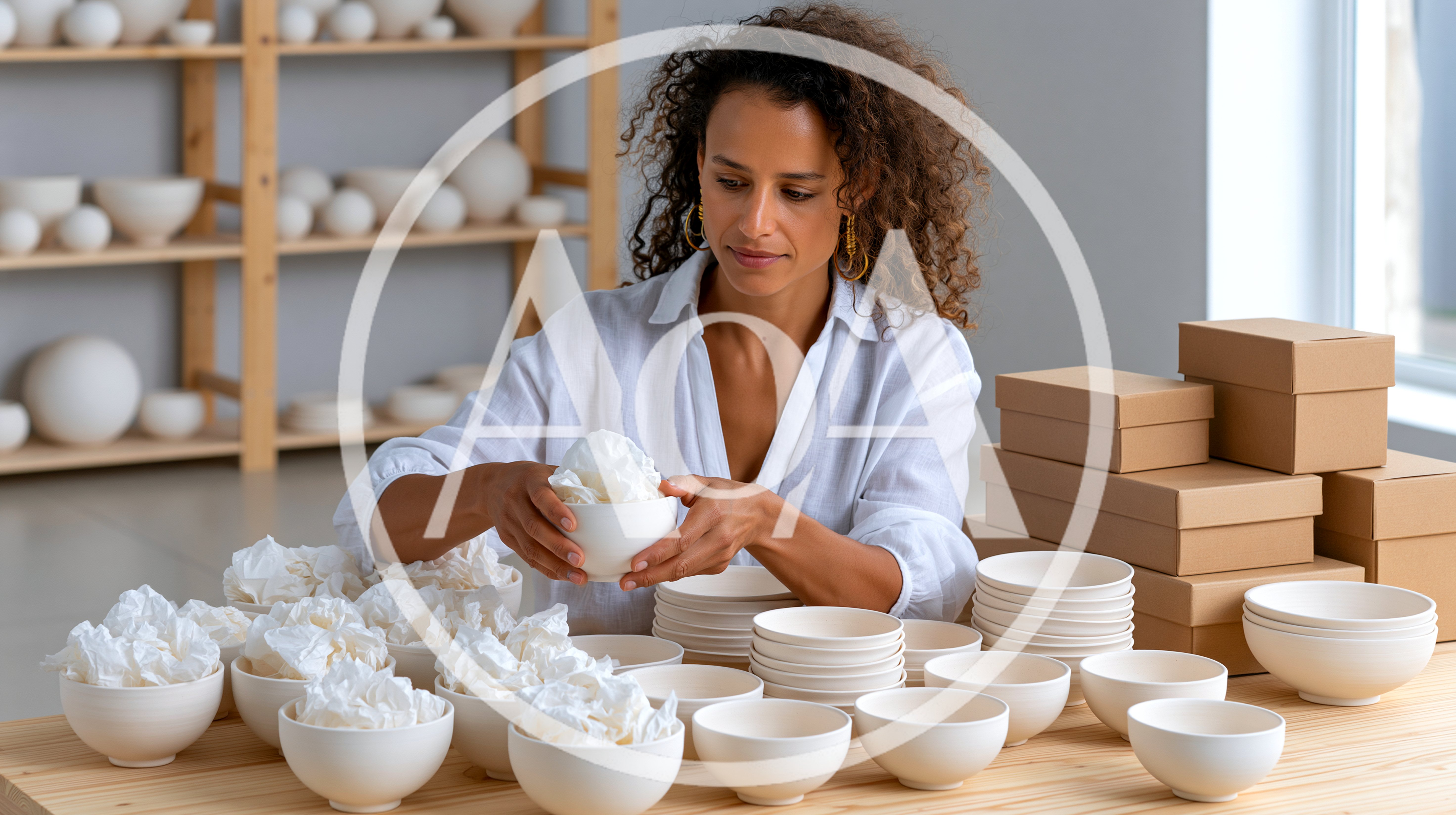 Artisan Packing Ceramic Bowls In A Pottery Studio