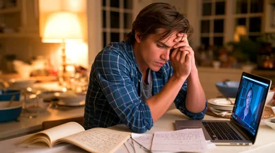 Stressed Young Man Studying Online At Home