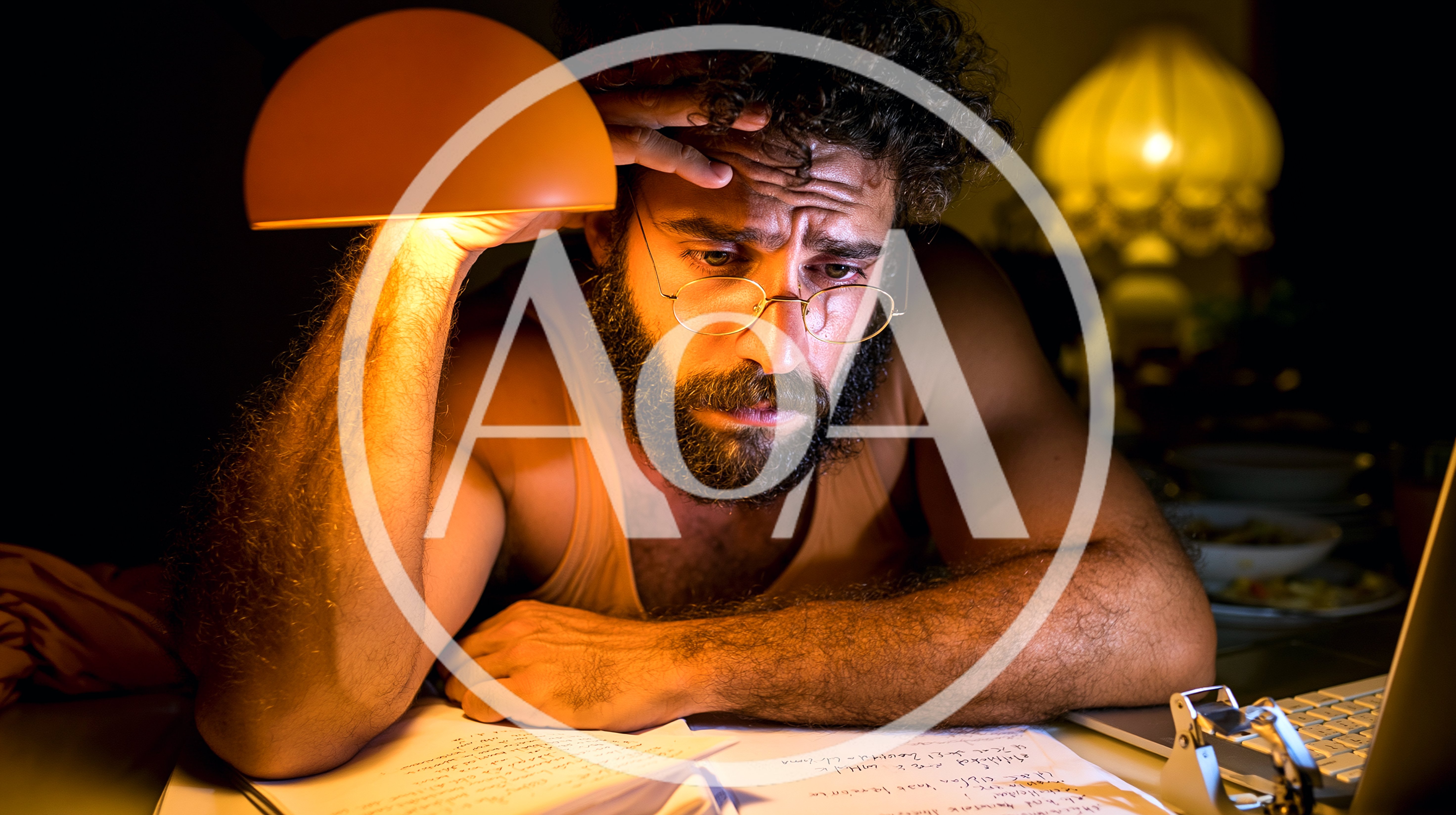 Stressed Man Working Late At Night Under Desk Lamp
