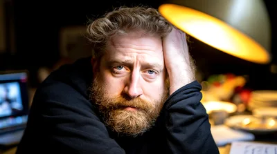 Pensive Man With Beard Resting Head On Hand