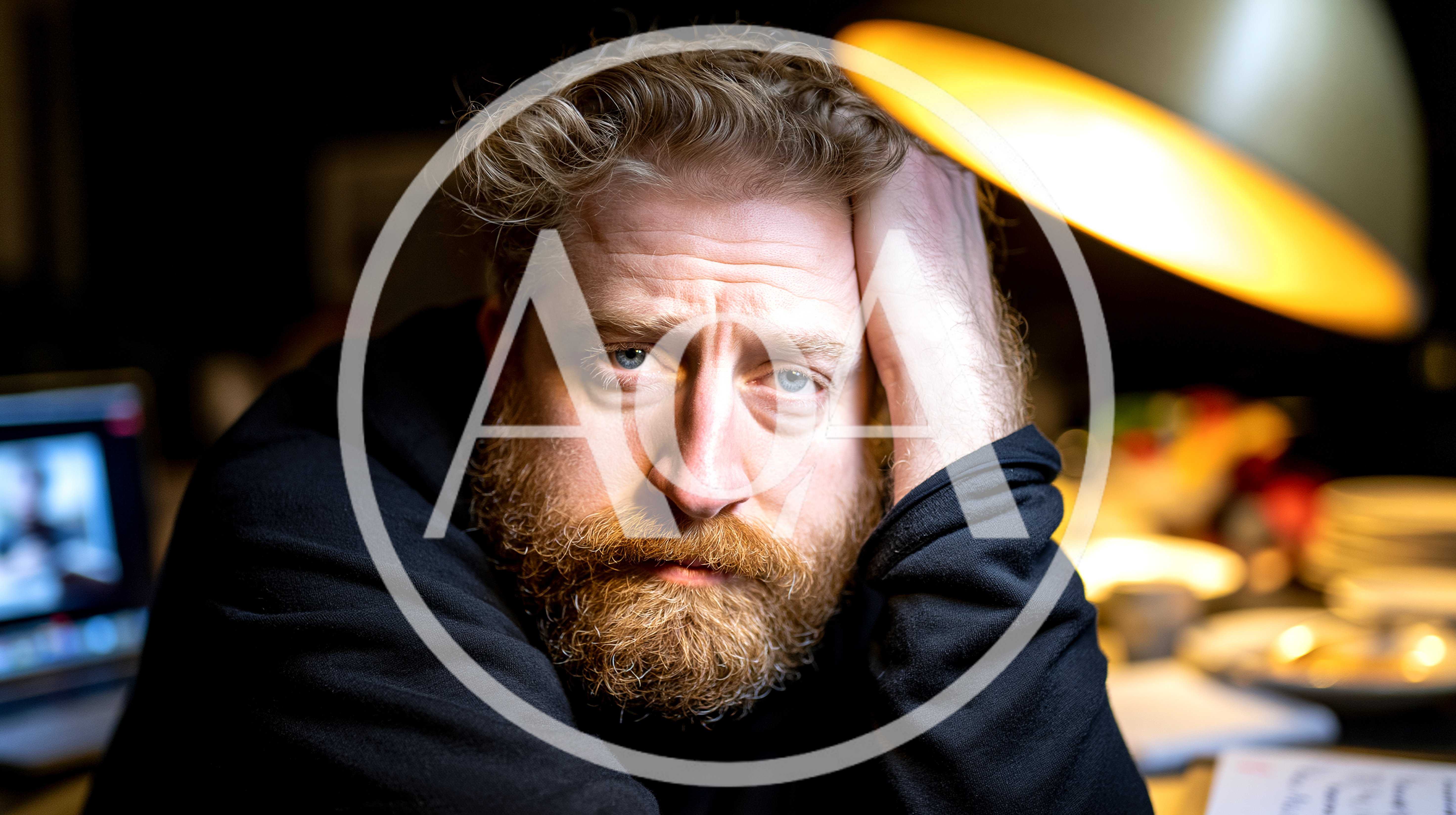 Pensive Man With Beard Resting Head On Hand