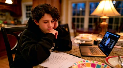 Teenage Boy Studying Online At Home Kitchen Table