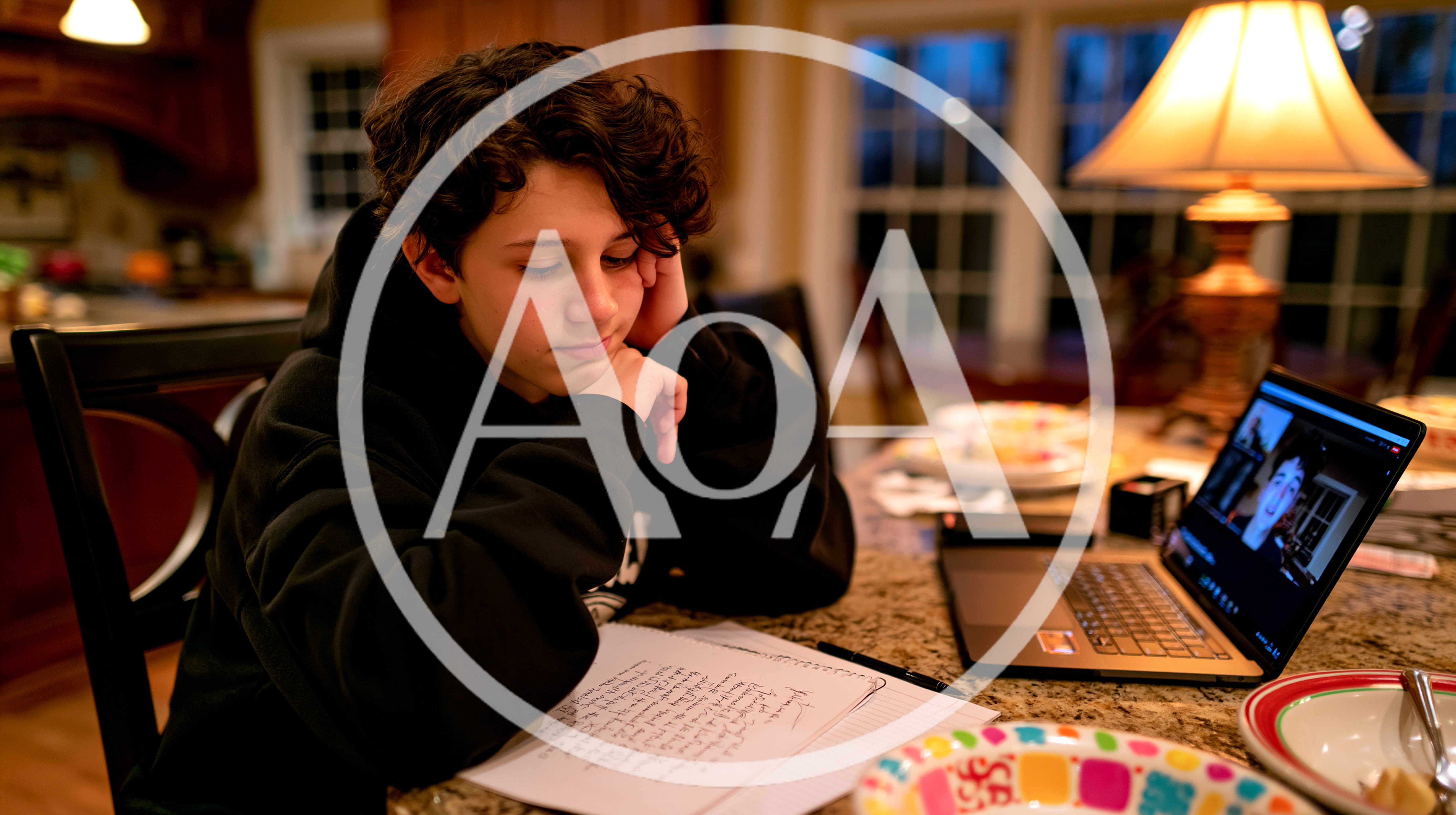 Teenage Boy Studying Online At Home Kitchen Table