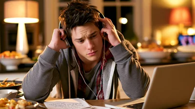 Young Man Studying With Headphones At Home
