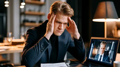 Stressed Businessman Working Late On Video Call