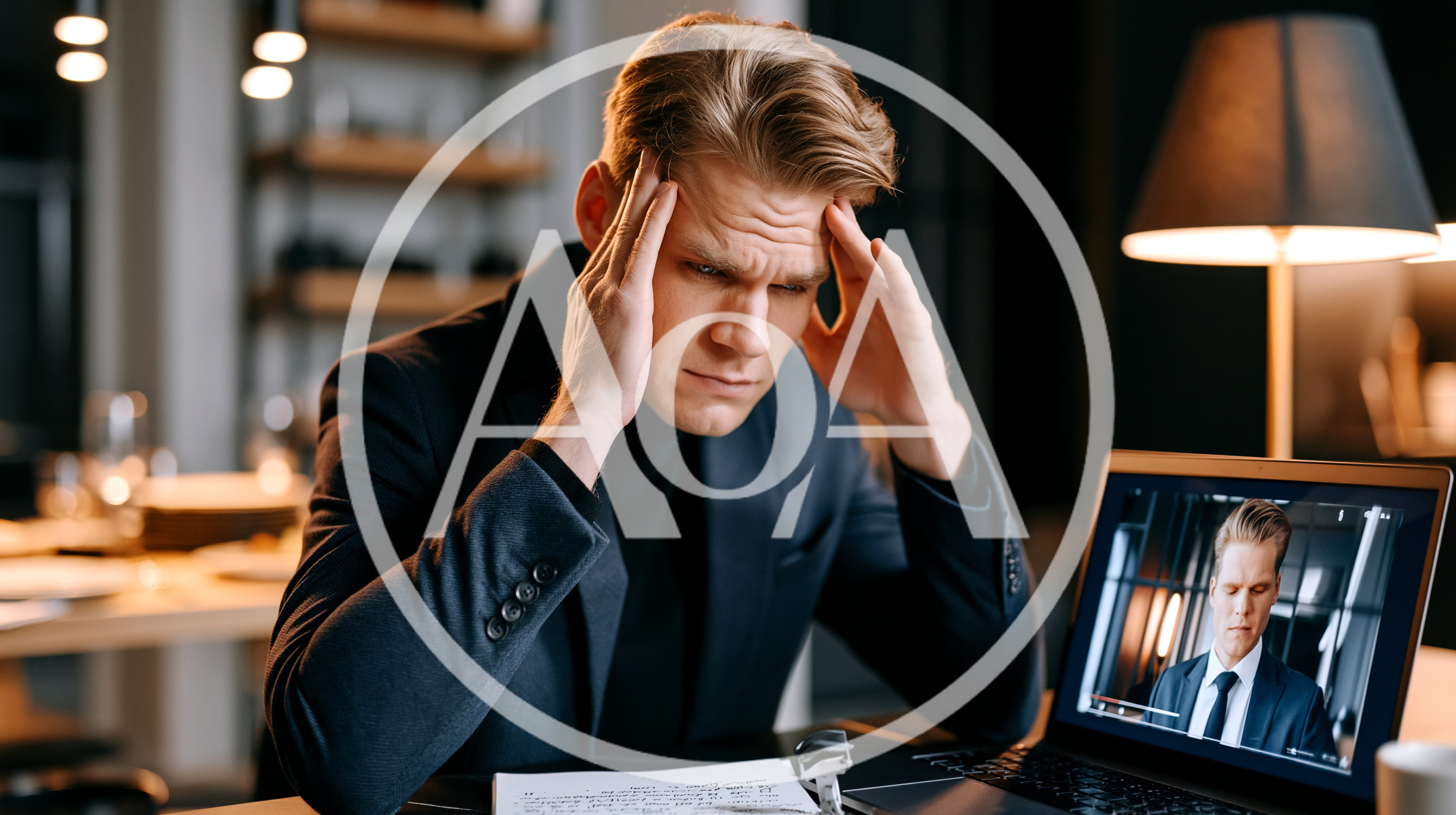 Stressed Businessman Working Late On Video Call