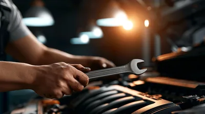 Mechanic Holding Wrench Over Car Engine