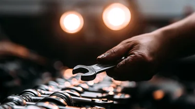 Mechanic Holding Wrench Over Engine Parts