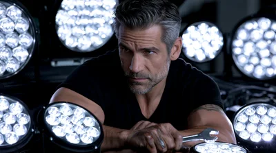 Mechanic Holding Wrench Surrounded By Bright LED Lights