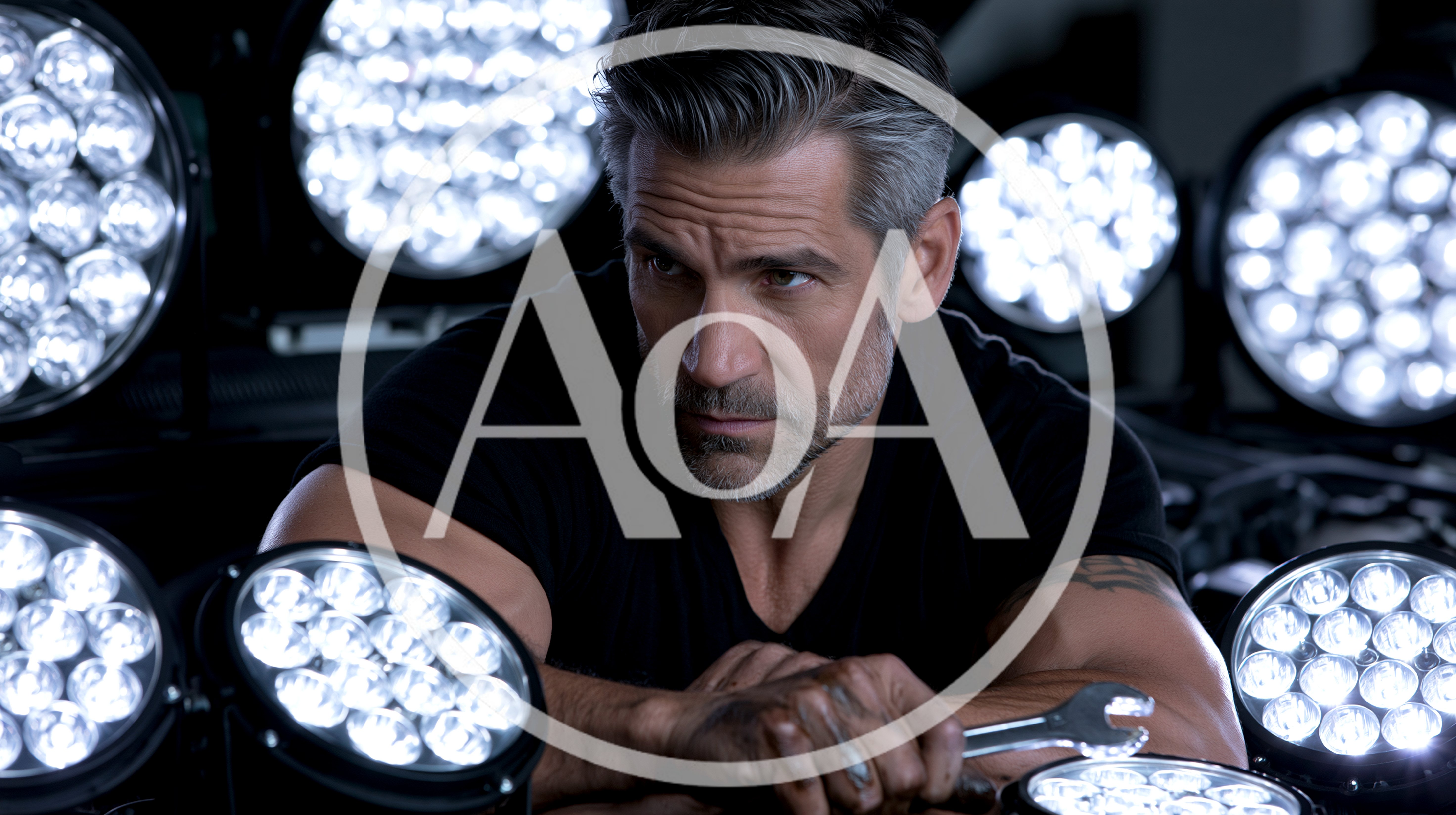 Mechanic Holding Wrench Surrounded By Bright LED Lights
