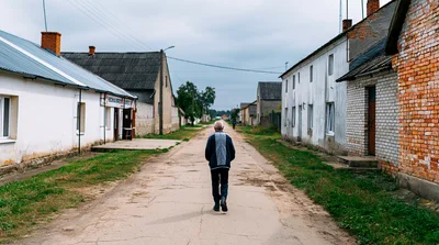 Elderly Man Walking Down A Quiet Rural Village Street