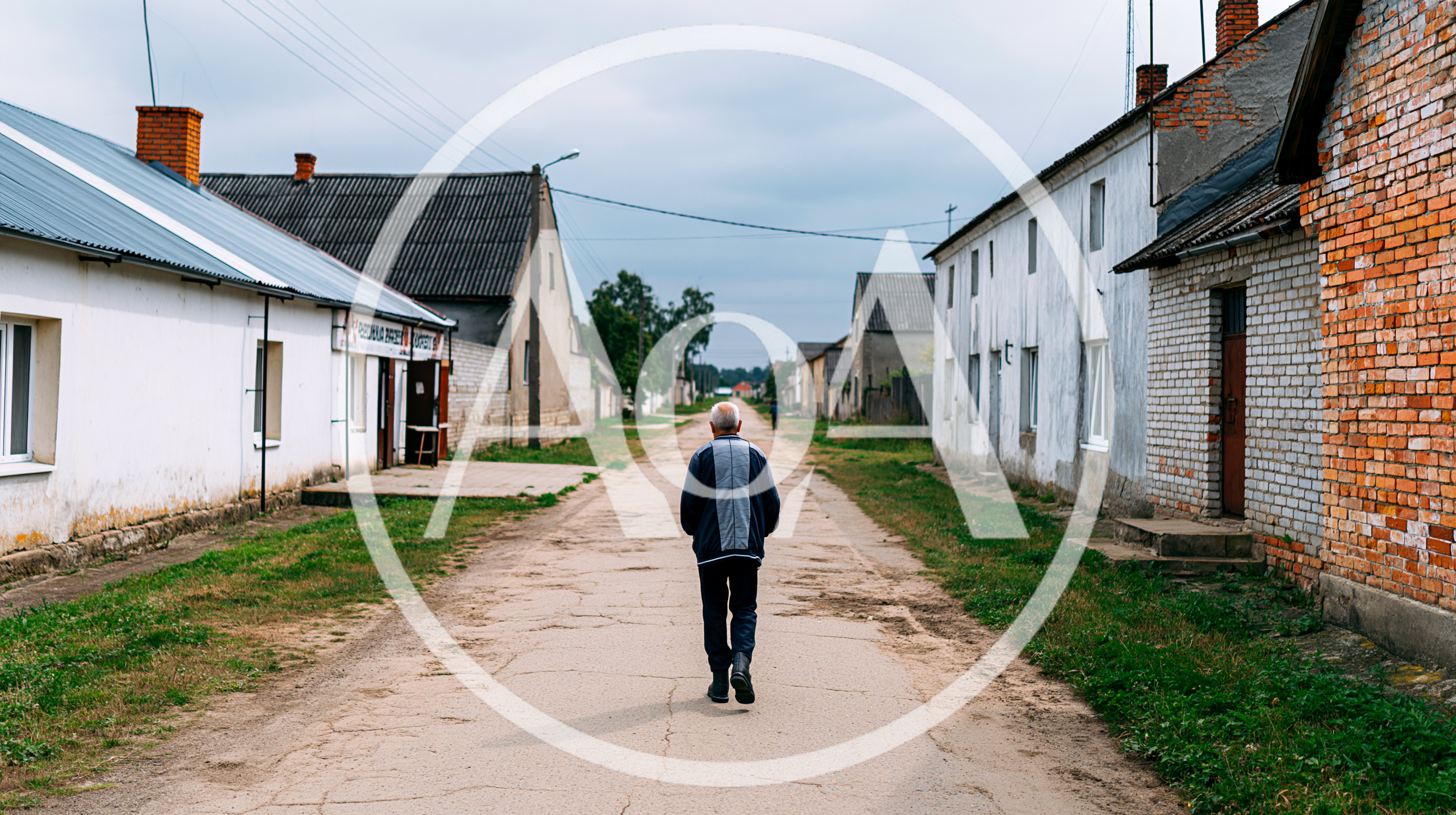 Elderly Man Walking Down A Quiet Rural Village Street