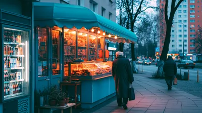 Elderly Person Walking Past A Small Street Food Kiosk