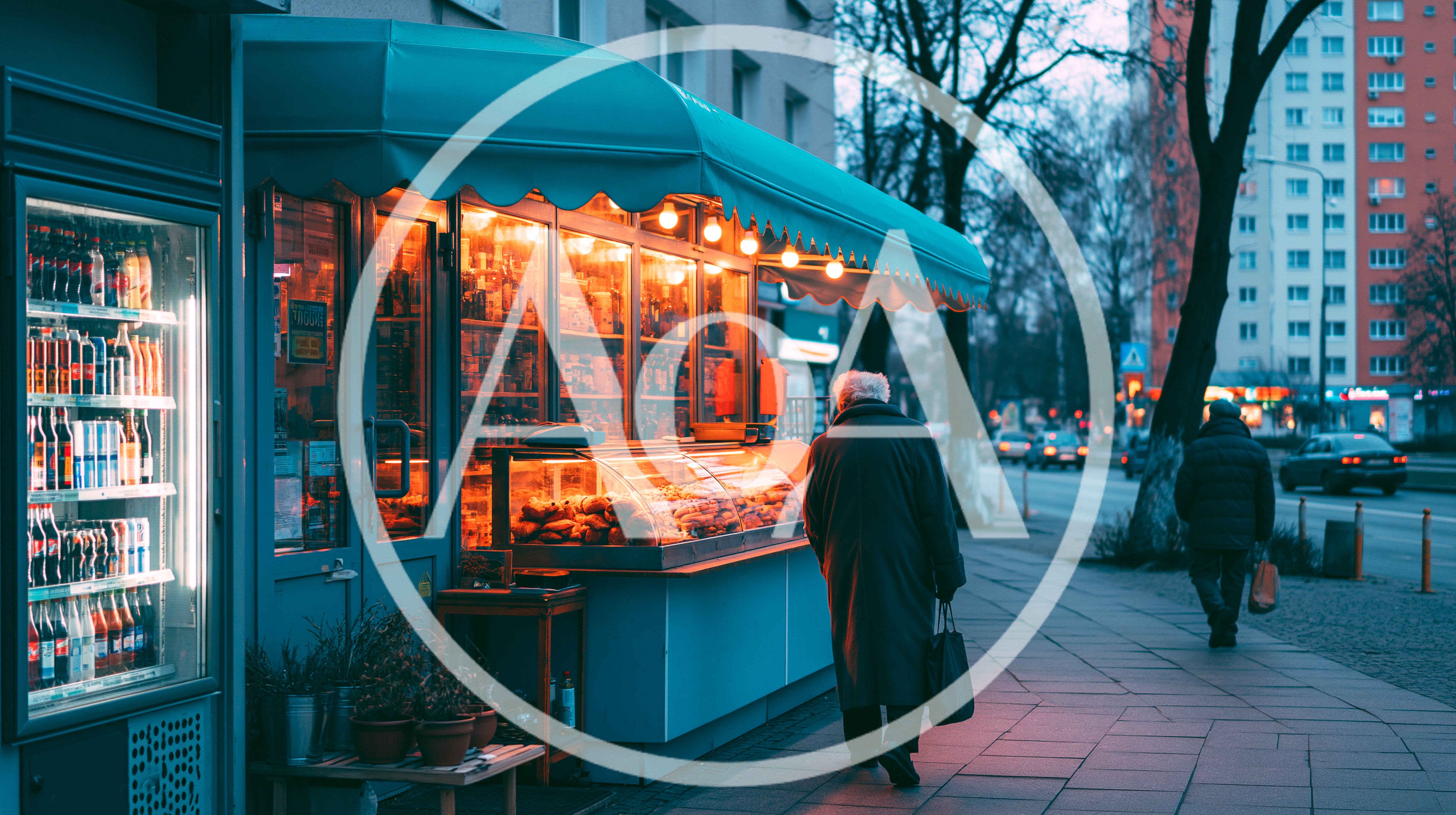 Elderly Person Walking Past A Small Street Food Kiosk