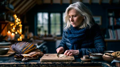 Mature Woman Slicing Vegetables In A Cozy Kitchen