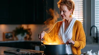 Mature Woman Cooking With Steam Rising From Pot