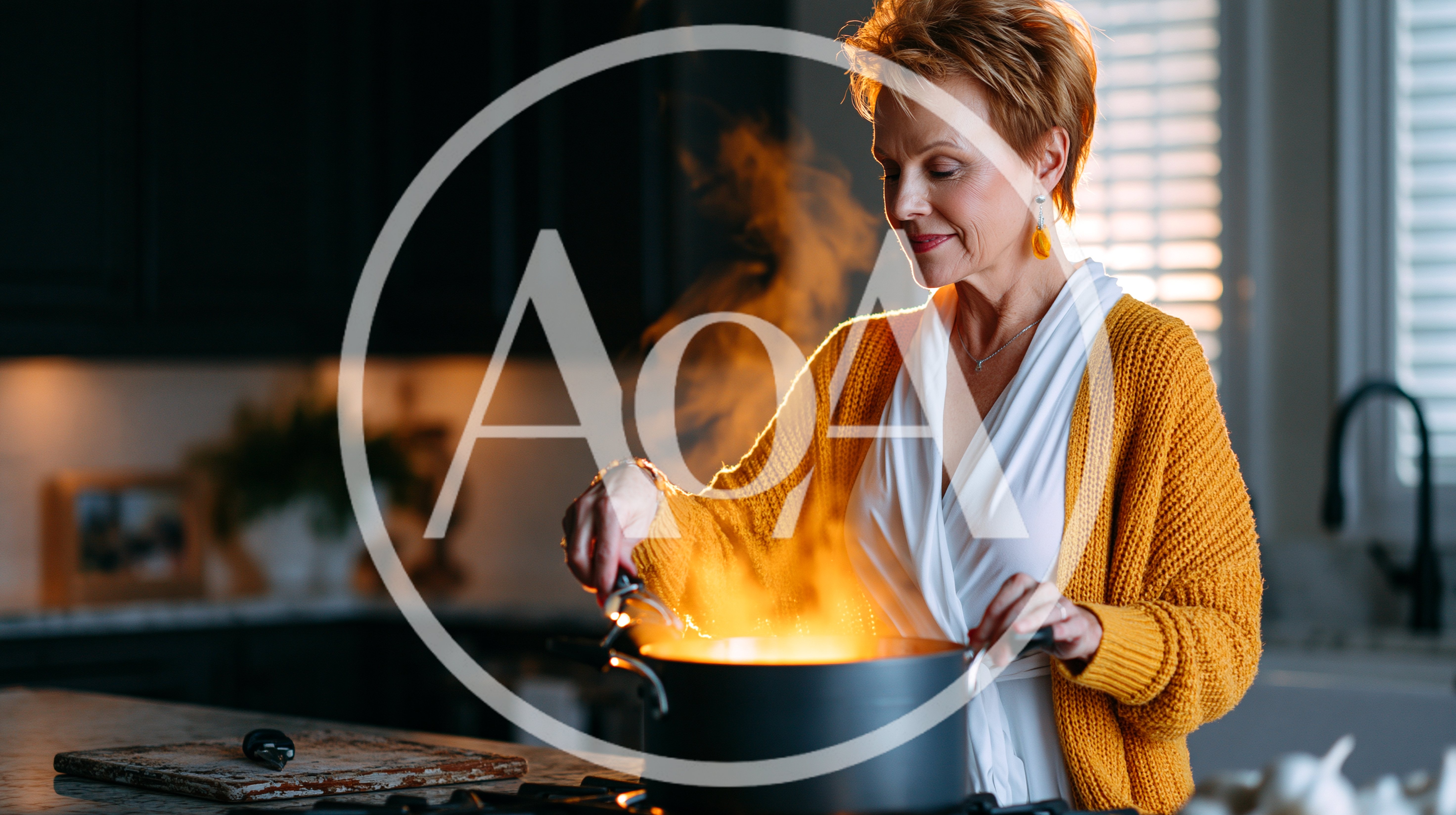 Mature Woman Cooking With Steam Rising From Pot
