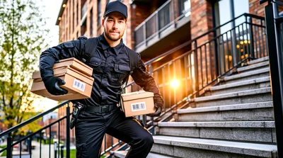 Delivery Courier Carrying Packages Up Apartment Building Stairs