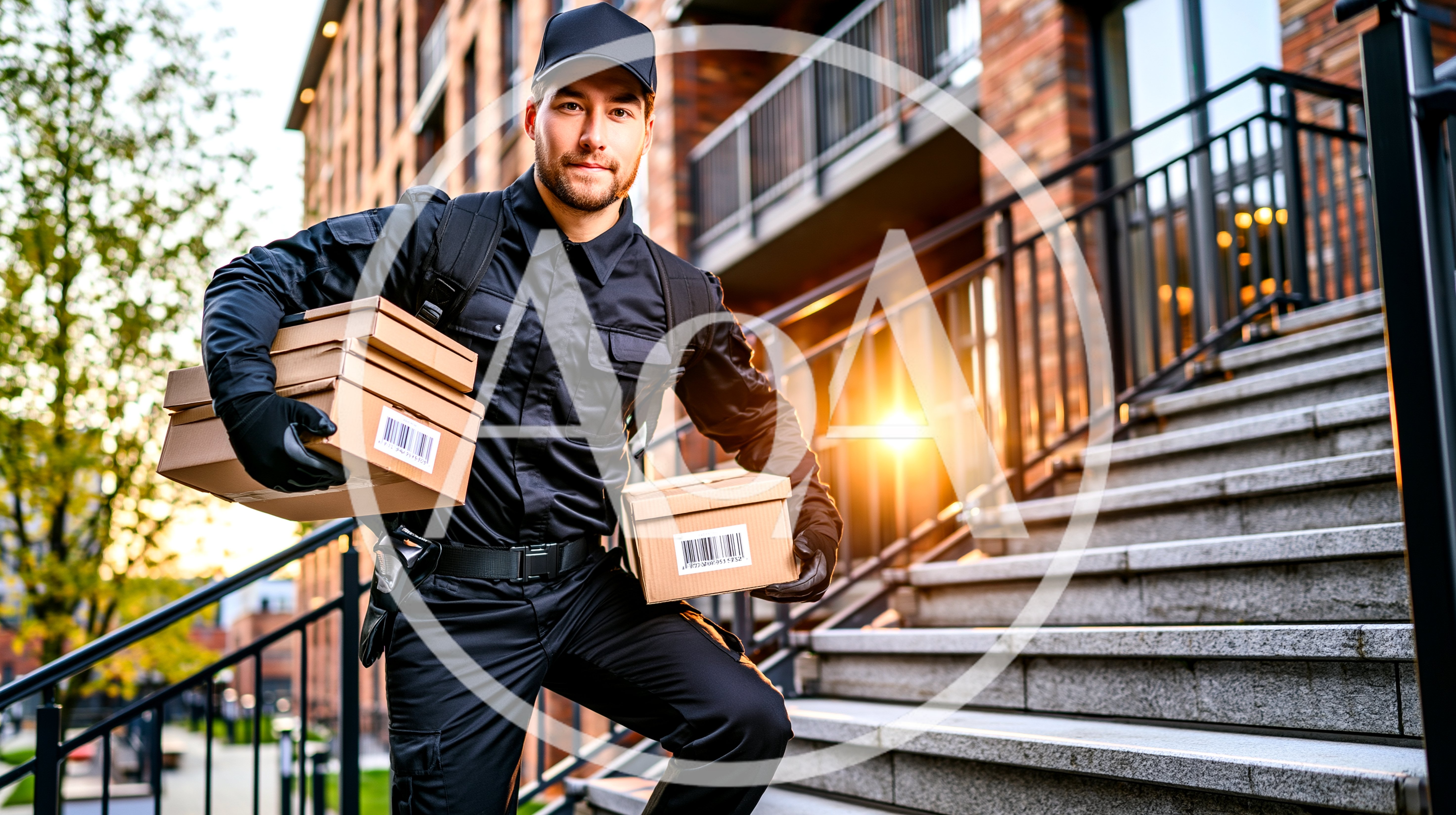 Delivery Courier Carrying Packages Up Apartment Building Stairs